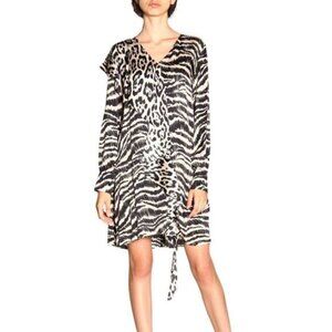 NWT $700 Just Cavalli Animal Print Ruffled Long Sleeve Sheath Dress Black Size 2